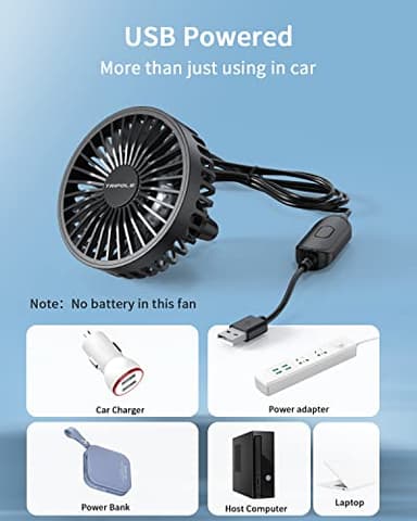 TriPole Car Fan USB Powered - Powerful 3 Speed, Portable Cooling Clip Fan for Car Vent, Quiet Brushless Motor, 360 Degree Rotatable, Air Circulation for Vehicle, Van, Truck, SUV, RV - Image 6
