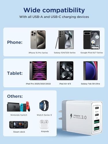 USB C Charger Block, 40W 4-Port Fast Charger 20W Type C Charging Block 3.1A USB Wall Charger Dual Port PD+QC Charging Cube for iPhone 16 15 14 13 12 Pro Max XS, iPad, Samsung Phone (White) - Image 6