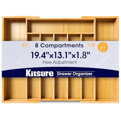 Kitsure Large Bamboo Silverware Organizer - Expandable Drawer Organizer for Utensil, Cutlery and Flatware, Kitchen Storage Solution with 6 to 8 Slots, Natural, 19.4" × 13.1" × 1.8" - Image 1
