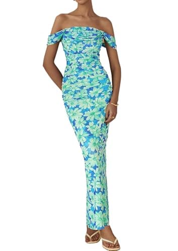 PRETTYGARDEN Maxi Dresses for Women 2025 Summer Elegant Floral Off Shoulder Ruched Mesh Cocktail Wedding Guest Dress (Light Green Daisy,Medium) - Image 3