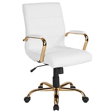 Flash Furniture Whitney Mid-Back Swivel LeatherSoft Desk Chair with Padded Seat and Armrests, Adjustable Height Padded Office Chair, White/Gold - Image 1