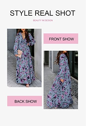 BLENCOT Women's Casual Boho Floral Printed Deep V Neck Loose Long Sleeve Long Evening Dress Ruched Cocktail Party Maxi Wedding Dress Blue Medium - Image 5