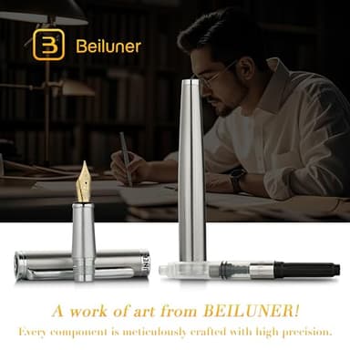 BEILUNER Luxury Fountain Pen Set, Solid 24K Gilded Fine Nib, Silver Stainless Steel Body- Includes 6 Ink Cartridges & Ink Refill Converter with Gift Case - Perfect for Men and Women - Image 3