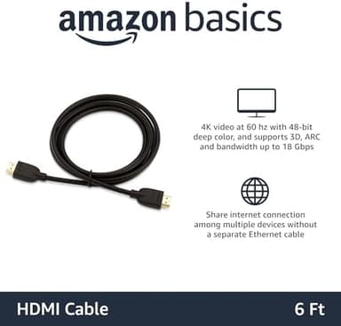 Amazon Basics HDMI Cable, 6ft, 4K@60Hz, High-Speed 4K HDMI 2.0 Cord (18Gbps), 2160p, 48 bit, Compatible with TV/PS5/Xbox/Roku, Black - Image 3