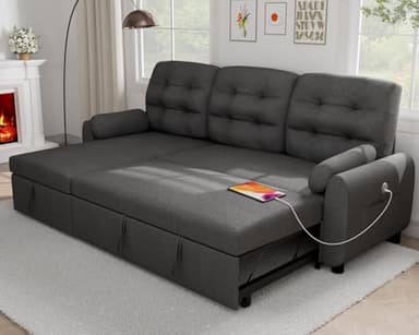 Ucloveria Sectional Sofa Couch, 87" Sleeper Sofa Bed with Reversible Storage Chaise Pull Out Couch for Living Room | Side Pocket | Charging Station | Removable Backrest | Linen Fabric, Dark Grey - Image 1