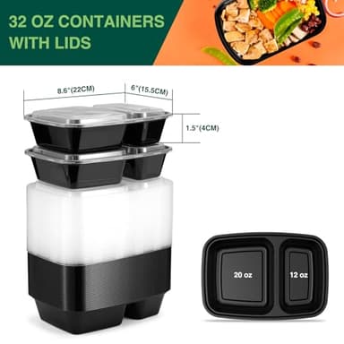 Glotoch 50 Pack 32 oz Meal Prep Containers Reusable, 2 Compartment Food Containers with Lids To Go Containers, Lunch-Microwave, Freezer, Dishwasher Safe - Image 3