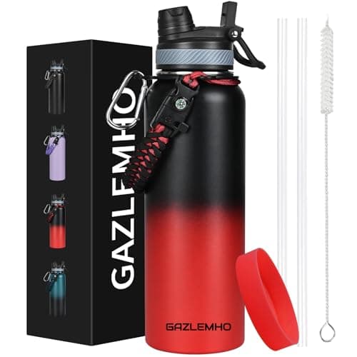 GAZLEMHO 40 oz Insulated Water Bottle with Straw& Spout 2-in-1 Lid, Triple Wall Vacuum Stainless Steel Cold 48H, Leak Proof Sports Metal Flask Jug with Paracord Handle, Black Red - Image 1