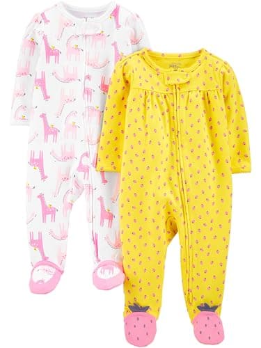 Simple Joys by Carter's Baby Girls' Cotton Sleep and Play, Pack of 2, White Giraffe/Yellow Strawberries, Newborn - Image 1