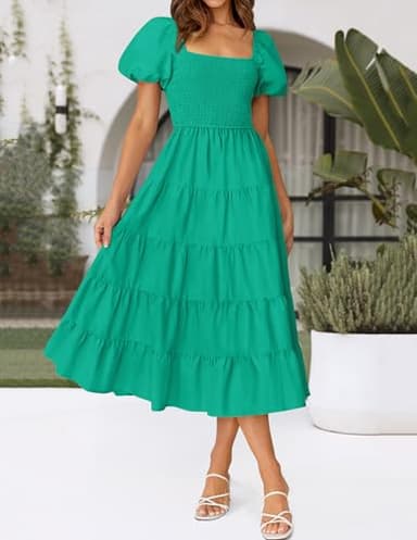 ZESICA Women's 2025 Summer Square Neck Short Puff Sleeve Solid Color High Waist Casual Smocked Flowy A Line Tiered Midi Dress,Green,X-Small - Image 2