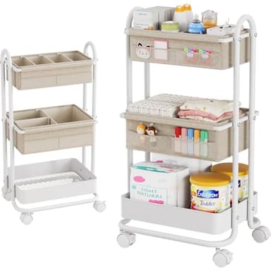 Modanais Baby Diaper Caddy Organizer Cart - 3 Tier Rolling Storage Cart with Wheels, Baby Essentials Nursery Storage, Detachable Dividers - for Crib, Bedroom, Art & Craft Organizer (Off White) - Image 1
