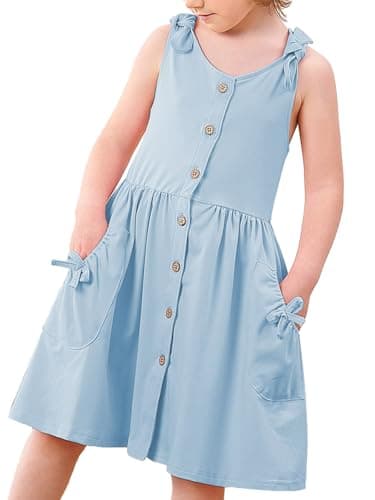 Vieille 5T Dresses for Girls 5-6 Years Blue Button Down Sundresses Size 5 6 Sleeveless Dress with Pockets - Image 1