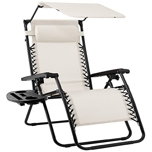 Best Choice Products Folding Zero Gravity Outdoor Recliner Patio Lounge Chair w/Adjustable Canopy Shade, Headrest, Side Accessory Tray, Textilene Mesh - Ivory - Image 1