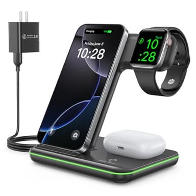 WAITIEE Wireless Charger for iPhone 16 15 14 13 12 11 X 8, 3 in 1 Charging Station for Apple Watch 10/9/8/7/6/5/4/3/2/SE/Ultra/Ultra 2 & for AirPods 4/3/2/Pro/Pro 2 (Black) - Image 1