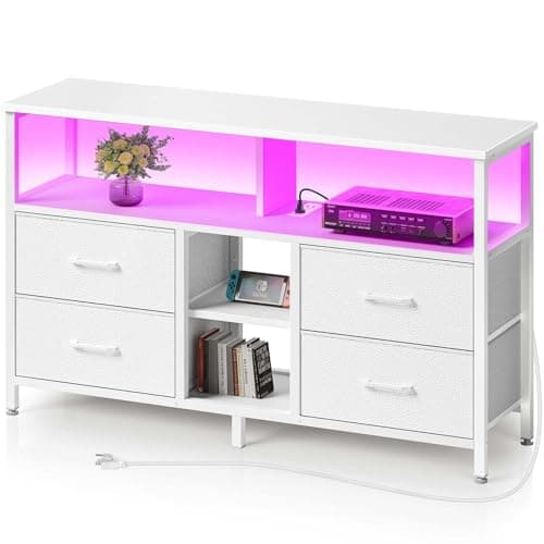 Rolanstar TV Stand with Power Outlets and LED Light, 4 Fabric Drawers Entertainment Center for 32/45/55 inch TVs, Media Console with Storage for Living Room or Bedroom, White - Image 1