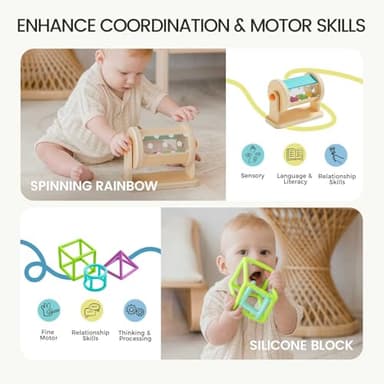 Tiny Land Montessori Baby Toy Set 4-6 Months – Early Learning Motor Skills Development Kit with 4-in-1 Soft Cloth Book, Spinning Rainbow Toy, Silicone Blocks and Baby Tissue Box - Image 4