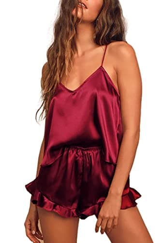 CHYRII Women's Sexy Silk Satin PJS Ruffle Cami Tops Shorts 2 PCS Pajamas Sets Nightwear Burgundy M - Image 1