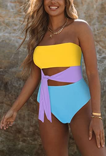 Viottiset Women's Bandeau One Piece Swimsuit Strapless Tie Cut Out Bathing Suit Yellow Blue XL - Image 3
