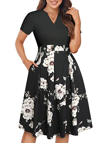 YATHON Womens Elegant Patchwork Floral Print Notched V Neck Slant Pocket Dress Vintage Pleated Hem Casual A-Line Dresses 2024(YT228-Black Khaki P2,S) - Image 1