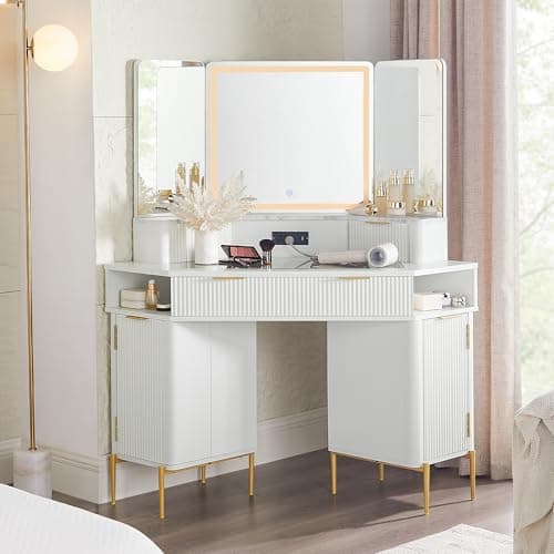 T4TREAM Corner Vanity Desk with Mirror and Lights, Fluted Vanity with Glass Top, Fixed Three-Panel Mirror & Charging Outlet, Dressing Table with 3 Drawers & 2 Storage Cabinets for Bedroom, White - Image 1