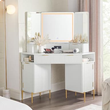 T4TREAM Corner Vanity Desk with Mirror and Lights, Fluted Vanity with Glass Top, Fixed Three-Panel Mirror & Charging Outlet, Dressing Table with 3 Drawers & 2 Storage Cabinets for Bedroom, White - Image 1