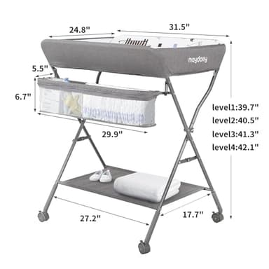 Baby Changing Table with Wheels, Maydolly Portable Adjustable Height Folding Diaper Station with Nursery Organizer & Storage Rack for Newborn Baby and Infant (Light Grey) - Image 8