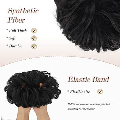 FESHFEN Messy Bun Hair Pieces - Large Wavy Curly Elastic Hair Bun Scrunchies Ponytail Extensions Synthetic Chignon Hairpieces for Women, Natural Black 1.94oz - Image 4