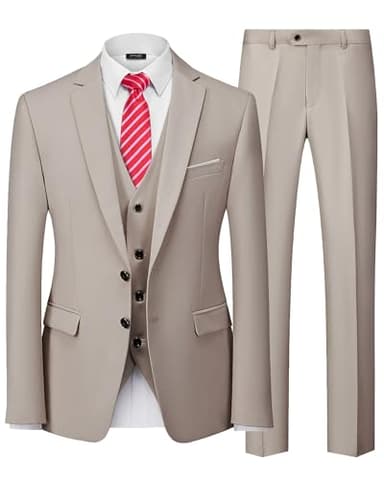 YND Men's Slim Fit 2 Button 3 Piece Suit Set, Blazer Jacket Vest Pants and Tie, Solid Wedding Dress Tux and Trousers Beige - Image 1