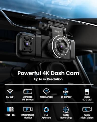 iiwey N7 3 Channel Dash Cam Front and Rear Inside 3K+1080P+1080P with 128GB SD Card, 5GHz WiFi, Rotatable Side Camera for Car, 24/7 Recording, IR Night Vision, G-Sensor, Parking Mode - Image 2