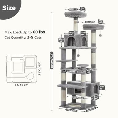 PAWZ Road Large 72 Inch Cat Tree and Tower for Indoor Cats - With Sisal-Covered Scratching Posts, Padded Perches, Condos, and Basket - Gray - Image 7