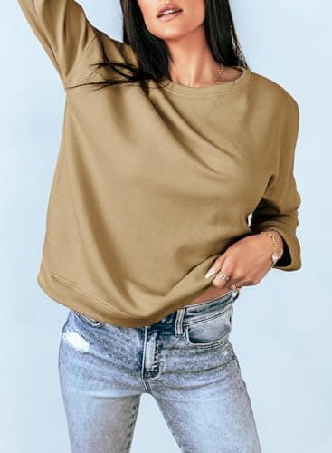 Dokotoo Womens Casual Long Sleeve Crewneck Sweatshirt Side Split Loose Fit Solid Basic Pullover Tunic T Shirts Tops Sweatshirts for Women 2025 Fashion Fall Khaki Large - Image 3