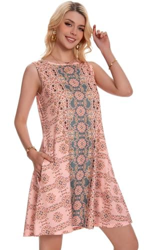 Sundress for Women Floral Bohemian Dress Sleeveless Loose Aline Beach Cover Up(Pink Boho Flower,L) - Image 2