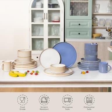 Romswi Dinnerware Set for 4, 16Pcs Stoneware Plates and Bowls Sets with Mugs, Chip & Scratch Resistant Dish Set, Handmade Reactive Glaze Plate Set, Oven,Microwave and Dishwasher Safe, Cappuccino White - Image 3