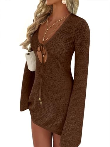 ANRABESS Beach Cover Ups for Women Crochet Swimsuit Bathing Suit Swimwear Bikini Mesh Knit Dress 2025 Summer Vacation Outfits Small Brown - Image 1