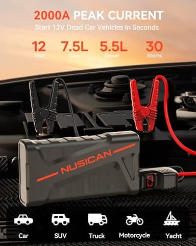 Car Battery Jump Starter, NUSICAN 2000A Portable Car Jump Starter Battery Pack (up to 7.5L Gas/5.5L Diesel Engine) 12V Jump Box for Car Battery with Safety Jumper Clamps, LED Lights, Compact - Image 2