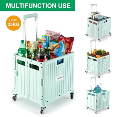 MACOPRO Folding Utility Cart Portable Rolling Crate Handcart Shopping Trolley Collapsible Tool Box, with Lid, Basket on 4 Rotate Wheels, for Grocery, Office, Teacher, Travel Shop Move Luggage (Green) - Image 2