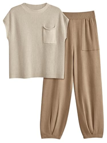 LILLUSORY Two 2 Piece Sets Womens 2025 Spring Summer Matching Lounge Sweatsuits Sweat Suits Trendy Travel Beach Vacation Fashion Resort Wear Outfits Knit Loungewear Clothes Clothing Light Khaki L - Image 1