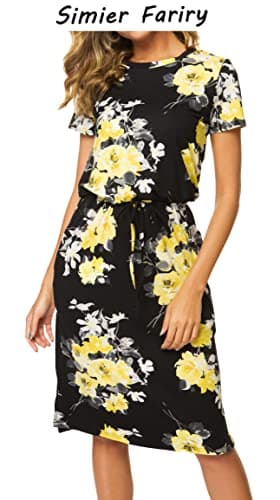 Women Knit Summer Sleeve Teacher Casual Midi Knee Length Dress Floral Black L - Image 2