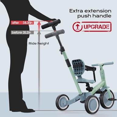 newyoo Toddler Tricycle with Push Handle for 1-3 Year Old, Toddler Bike, Birthday Gifts and Toys for Boys and Girls, 5 in 1 Kids Trike, Convert to Baby Balance Bike, Green, TR007 - Image 6