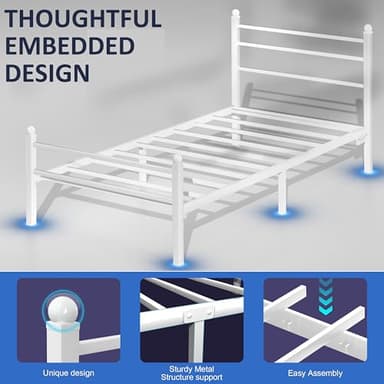 J.Fkne Twin Bed Frame with LED Lights & Charging Station, Metal Platform Bed with Headboard, Heavy Duty Metal Slats, No Box Spring Needed, Noise Free, Easy Assembly, White - Image 4