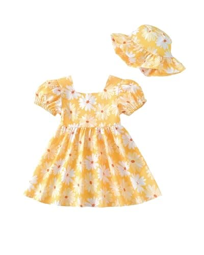 Toddler Girl Clothes 2T 3T Summer Outfit Girls Boho Daisy Swing Dress Princess Short Sleeve Casual Sundress Cute Toddler Yellow Dresses 2 3 Year Old - Image 1