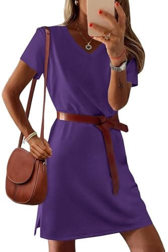 RUMIA Summer Casual Dresses for Women 2025 Vacation Dress V-Neck Short Sleeve Split Hem Beach Sundress Purple L - Image 2