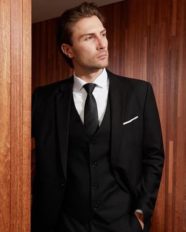 WULFUL Men's Slim Fit 3 Piece Suit, One Button Solid Blazer Business Party Jacket Vest Pants Set Black - Image 2