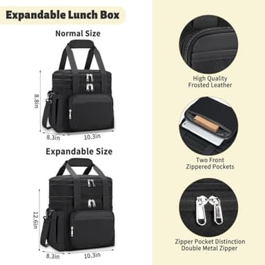 Insulated Lunch Bag & Lunch Box for Men - Double Deck Reusable Lunch Bag for Women Tote Cooler Bag Leakproof Soft Expandable - Large Lunchbox for Work/Adult/Picnic/Outdoor (Black，15L) - Image 3