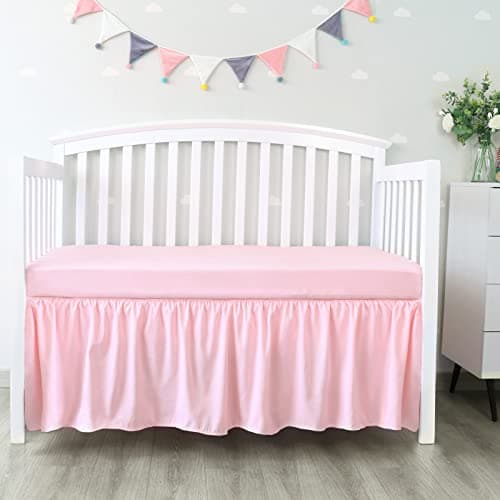 Crib Skirt Pleated Dust Ruffle Pink Nursery Room Decor for Girls Boys Crib Toddler Bedding 14" Drop fit Standard Crib Toddler Bed Skirts Machine Washable - Image 1