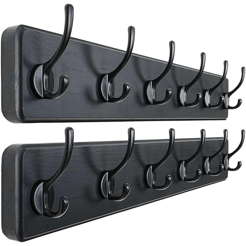 Dseap Wall Mounted Coat Rack: 24" Long, Patented, Heavy-Duty, 6-Double-Hooks Wooden Hanger Rail for Winter Coats, Hat, Jacket, Clothing - Black, Pack of 2 - Image 1