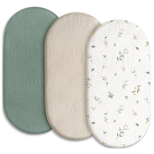 Gllquen Baby Muslin Bassinet Sheets 3 Pack, Breathable Elastic Cozy Fitted Cotton Bassinet Mattress Sheet for Baby Boy Girls, Fit for Hourglass Oval Rectangular Cradle Pad Sheets 33"x17" (Green) - Image 1