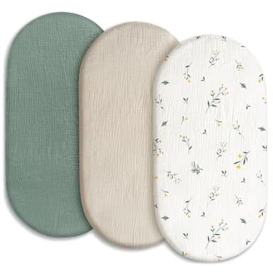 Gllquen Baby Muslin Bassinet Sheets 3 Pack, Breathable Elastic Cozy Fitted Cotton Bassinet Mattress Sheet for Baby Boy Girls, Fit for Hourglass Oval Rectangular Cradle Pad Sheets 33"x17" (Green) - Image 1