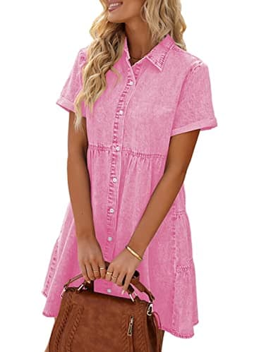 LookbookStore Pink Dresses for Women Valentines Day Pink Dress 2025 Summer Short Jean Dress Casual Short Sleeves Babydoll Denim Dresses for Women Size S - Image 2