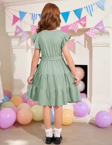 Arshiner Girls Dress Short Sleeve Summer V Neck Button Removable Belt Dresses with Pockets 5-6 Years Light Green - Image 9