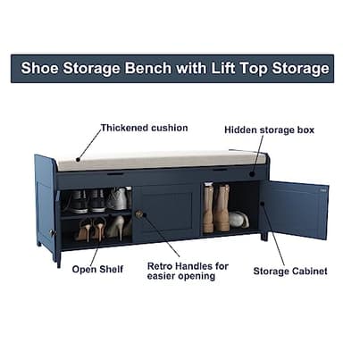 HOMEFORT 41.3" Shoe Bench with Lift Top Storage, Entryway Bench with Cushioned Seat, Wooden End of Bed Bench, Shoe Cabinet Bench with Hidden Storage Space, for Bedroom, Hallway,Blue - Image 6